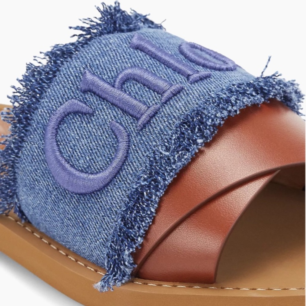 NWT 100% Authentic Chloe Woody Logo Flat Denim Slide Sandals - Picture 6 of 16